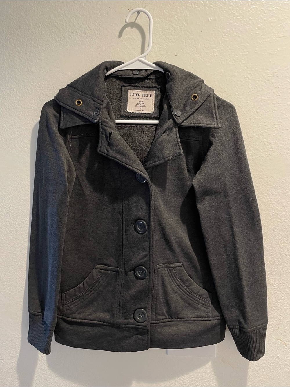 Love Tree Charcoal Button Up Hooded Jacket Women's Juniors Small Pea Coat